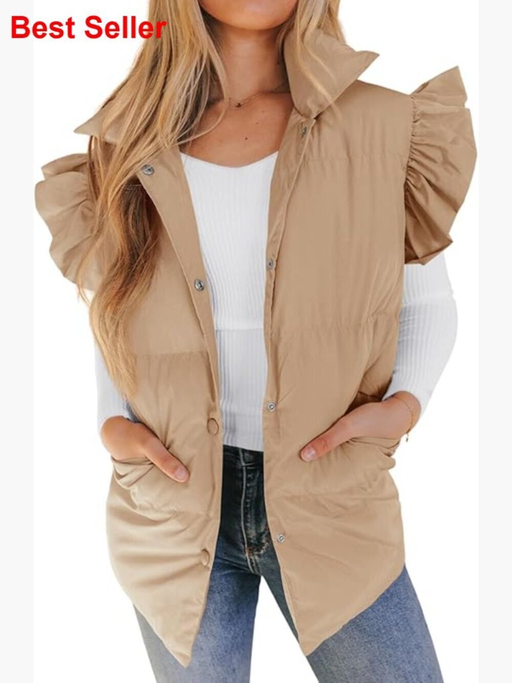 Polyester Puffer Vest with Ruffle Sleeves, Pockets, Button Down - Picture 1 of 7
